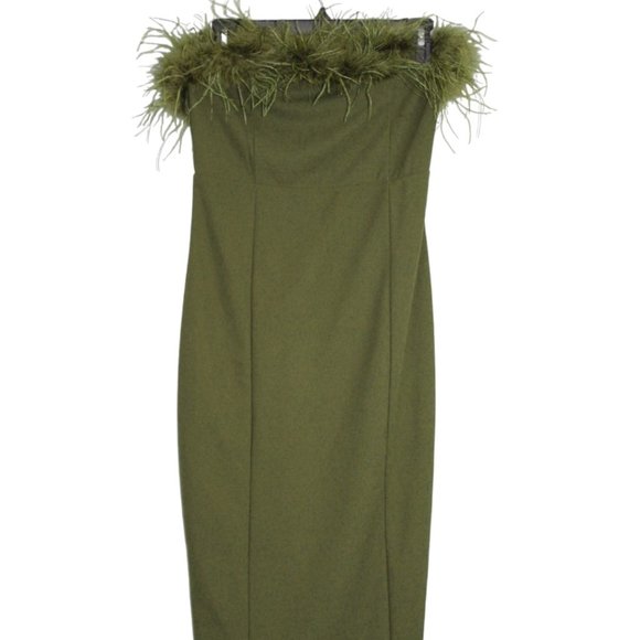 Windsor Medium Olive Green Monica Formal Dress Feather Trim Strapless Split Long - Picture 6 of 16
